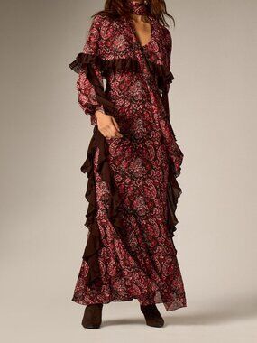 Red & Brown Boho Women's Chiffon Paisley Print Ruffle Sleeve Maxi Dress